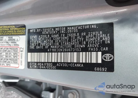 2006 Toyota Camry Le из США, поврежденный, VIN 4T1BE32K26U673153